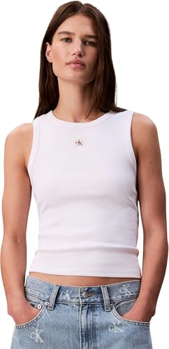 Calvin Klein Camiseta de Tirantes Mujer Woven Label Cotton Rib con Logotipo, Blanco (Brilliant White), L
