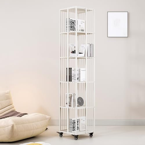 Drehbares, rollbares Bücherregal, Metallregal, 360°-Eck-Bücherregal mit Rollen, für kleine Räume, Arbeitszimmer, Büro (5 Etagen, 13,7 x 13,7 x 68,3 cm)