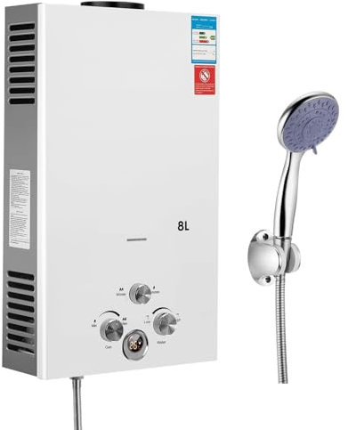 LIULIQ Scaldabagno Istantaneo Portatile, Scaldabagno a Gas da 8 Litri con Serbatoio dell'Acqua in Rame Puro E Kit Doccia, Tecnologia di Controllo Intelligente della Temperatura Applicabile a Casa