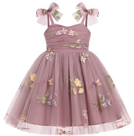 IDOPIP Robe Bébé Enfant Fille l'été Noeud D'étrave Bretelles Fines Tulle Le plissé Broderie Florale 3D Fleurs Sequins étoiles Points Colorés Fête d'anniversaire Vacances Princesse Violet foncé 2-3y