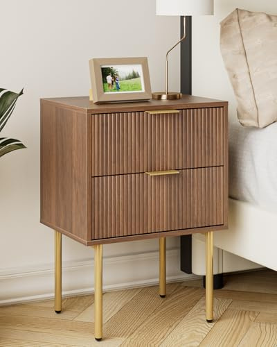HEYZOEY Bedside Table Walnut Nightstand Bedside Cabinet 2Drawers