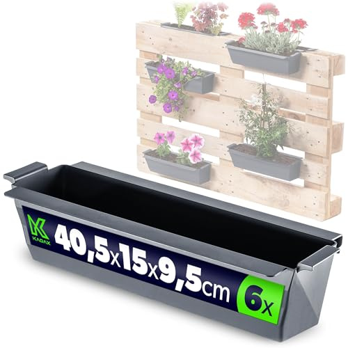 KADAX Paletten Blumenkasten 6er Set Für Europaletten, Pflanzkasten Mit Hängesystem, 37x9 cm Anthrazit, Ideal Zum Bepflanzen & Dekorieren Als Balkonkasten, Blumentopf-Einsatz & Übertopf