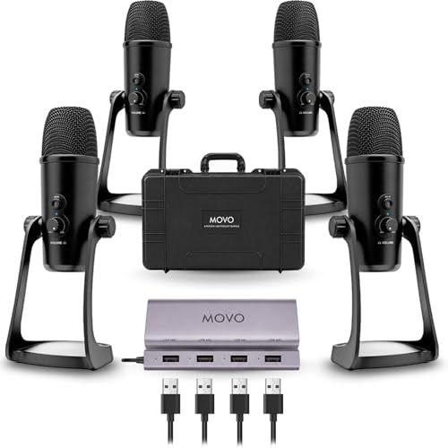 Movo 4-Person USB Podcast Equipment Bundle – 4 Condenser Mics, Hub & Case | Built-in Headphone Monitoring. Plug-and-play with Zoom, OBS & Audacity on Mac/Windows. Ideal for interviews & streaming.
