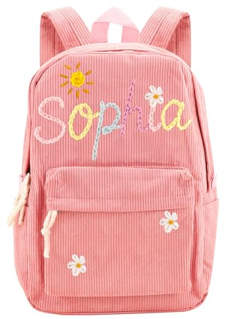 Aina Lighting Personalisierter Rucksack für Mädchen/Jungen, personalisierbarer Cord-Rucksack mit Namen, Baumwollseil, gewebter Name, Schultasche, Geschenk für Kinder, Stil 2, Rosa, 28x12x40cm