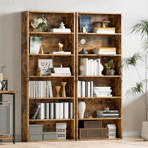 Warmiehomy 6-Tier Bookcase Set of 2, Extra Large Bookshelf, Open Storage Shelf Freestanding 24 x 60 x 175 cm, Wooden Shelving Unit for Home Office Study Living Room Bedroom Dinning Room, Rustic Brown
