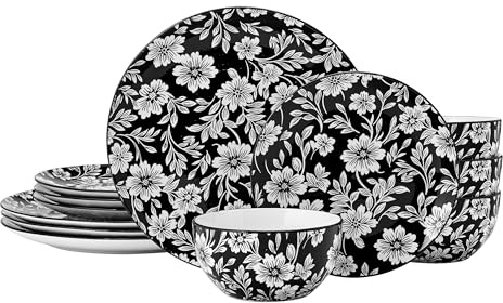 Pfaltzgraff Midnight Blooms 12 Piece Floral Stoneware Dinnerware Plate Bowl Dish Set, Service for 4, Black