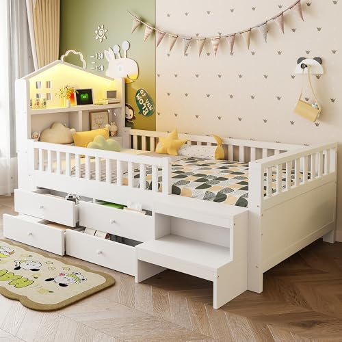 Kebnor Kinderbett 90 x 200 cm, Mit Sicherheitsgitter,Mit Vier Schubladenlager,mit Schritten,mit LED-Leuchten,mit USB- und Typ-C-Ladeanschlüssen, Massivholzbett mit Lattenrost, Einzelbett (Weiß)