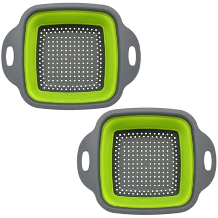 Morbuy Set Scolapasta Pieghevole, Colino Pieghevole Quadrato per Cucina Set di 2 Scolapasta Silicone con Manico Colino per Pasta in Plastica per Insalate e Frutta (Verde,L 22x29cm)
