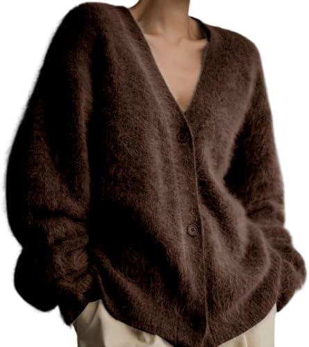 Damer fuzzy stickad kofta button down långärmad v-ringad pälströja kappa slouchy lösa koftor ytterkläder kashmir tröja damer, BRUN, S