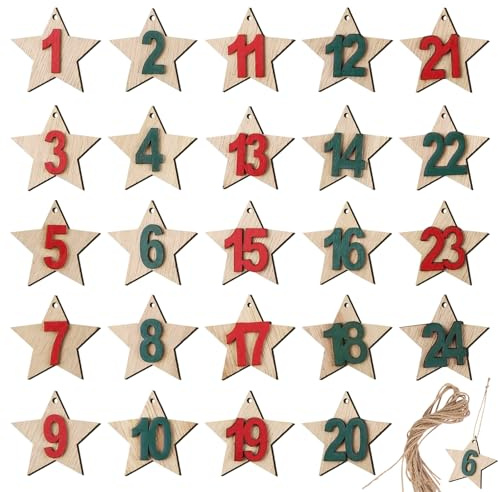 Simsky Lot de 24 chiffres en bois de 1 à 24 avec motif étoiles, chiffres en bois pour bricolage, décoration de sapin de Noël, calendrier de compte à rebours pour Noël, décoration de Noël
