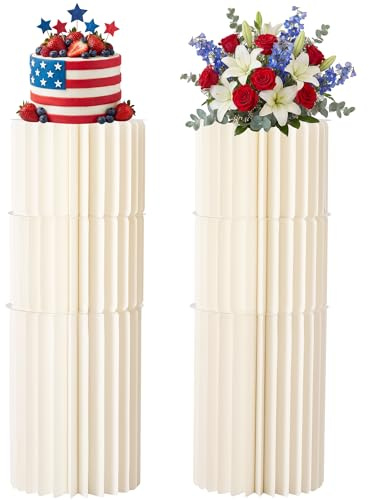 eisnieph 6-Pack Cream White Cylinder Stands For Party, Foldable Cardboard Columns with Acrylic Plates, Multi-Height Buffet Risers for Wedding, Birthday Cake, Dessert Table and Charcuterie Displays