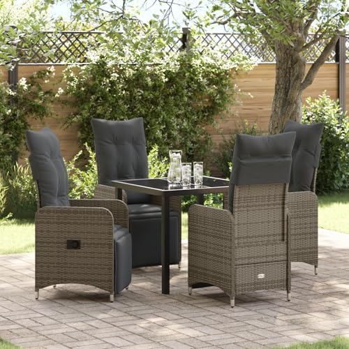 IBUQDDV 5-TLG. Garten-Essgruppe mit verstellbaren Stühlen und Kissen in Grau aus strapazierfähigem Poly Rattan für Terrasse und Außenbereich, inklusive bequemer Polsterauflagen