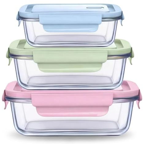 Siocok 3 Pack Glass Containers with Lids, Glass Meal Prep Containers | Glasss Meal Prep Containers for Lunch Food Storage with Lids, BPA Free, Meal Prep, Lunch Bento Boxes