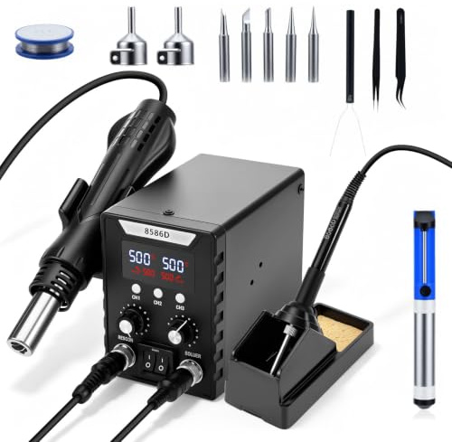 RUIZHI Set di saldatore 2 in 1 ad aria calda con doppio display LED, set di saldatura per scuola, laboratorio, hobby