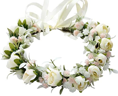 Brikuinr Floral Crown Wreath Bride Flower Headband Hair Wreath Hair Garland Flower Halo Floral Headpiece Boho with Ribbon Wedding Party White