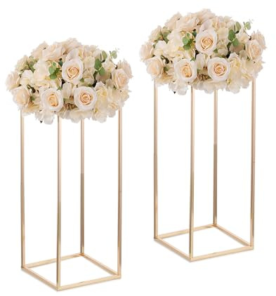 Inweder Gold Blumenständer Hochzeits Mittelstücke - 2 Stück Säulenvasen mit Metall Platte 60cm Hohe Bodenvase Geometrischer Goldvasen für Tischdeko Hochzeit Party Deko Wohnzimmer