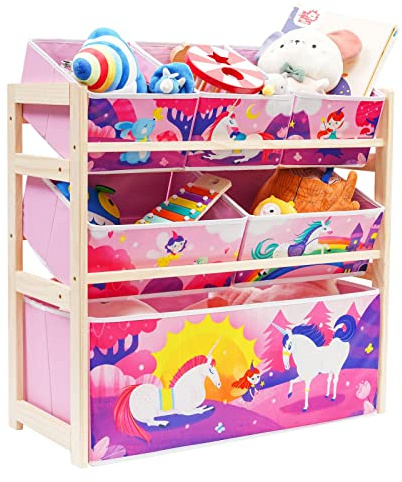 HOMCENT Kids Toy Storage Organizer with 6 Removable Fabric Bins, Pine Wood Toy Rack for Playroom, Bedroom, Children's Room, Pink