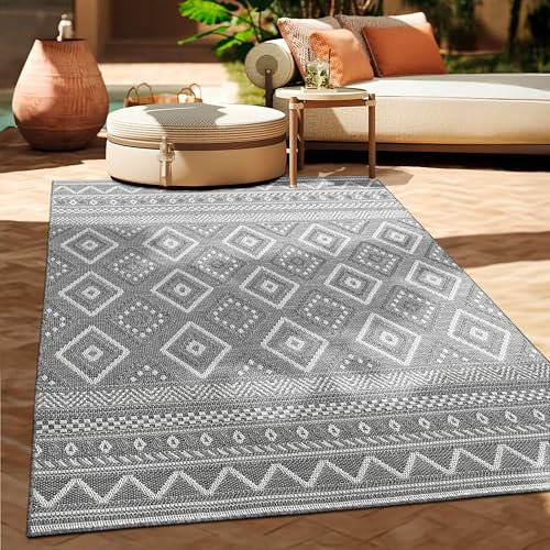 Paco Home Outdoor Teppich Flachgewebe Modern Boho-Style wetterfest & UV-beständig Ideal für Terrasse Balkon Wohnzimmer & Küche, Grösse:120x160 cm, Farbe:Grau 2