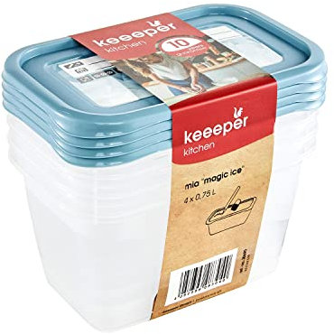 keeeper Set di 4 Contenitori per Congelare Alimenti, Coperchio su cui Scrivere, 4 x 750 ml, 15,5 x 10,5 x 8,5 cm, Mia Magic Ice, Nordic Blue (Blu)