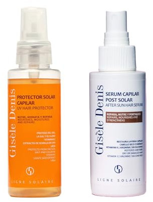 GISÈLE DENIS - Pack Capilar, Protector Solar Térmico 100 ml + Serum Postsolar 100 ml para el Pelo, Tratamiento de Hidratación, Protege, Nutre y Repara, Restaura la Fibra del Cabello