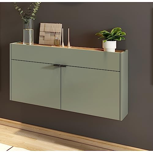 Lomadox Flurschrank Schuhschrank 110cm in grün mit Eiche ideal für schmale Flure, B/H/T ca. 110/57/22 cm
