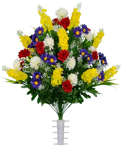 Sympathy Silks Artificial Flowers for Cemeteries - Realistic Grave Decorations - Yellow, Red, and Purple Wildflower Mix - Bouquet