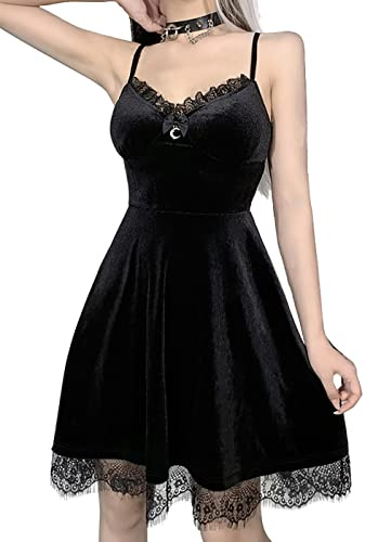 XKBHYD Gothic Kleid Damen Samt V-Ausschnitt Ärmellos Rückenfrei Sexy Minikleid mit Spitze Partykleid Halloween Kostüm