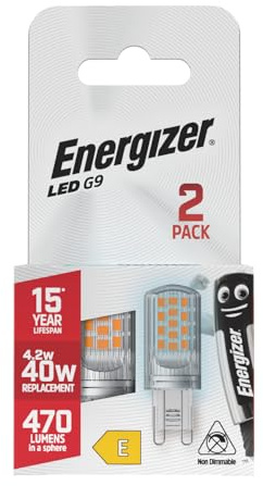 Energizer G9 LED Light Bulb. 4.2W (40w Halogen Equivalent) 220-240V. 470 Lumens. Bi-Pin Base Energy Saving. 2 Pack. Daylight 6500k