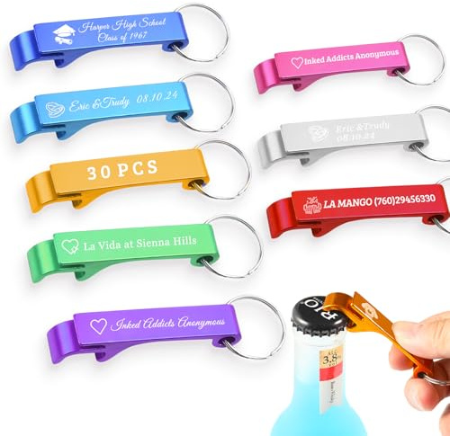 BEXOA 30 Pcs Personalised Bottle Opener Keyring - Custom Engraved Text/Logo Beer Bottle Opener Keyring Customised Party Gift for Wedding Favours for Guests (30)