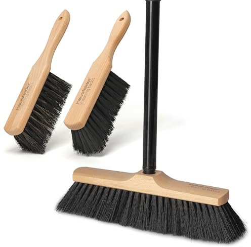 Hausfelder Zimmerbesen mit Stiel + 2 Handbesen, Stubenbesen fein und weich (Vorteilspack: 1 x Besen 30cm, 2 x Handfeger)
