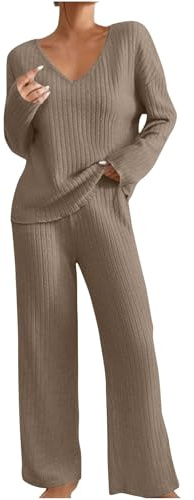 Flodxo Ensemble de survêtement complet pour femme 2 pièces - Ensemble coordonné - Pyjamas pour femme - Vêtements d'intérieur - Tricot côtelé - Manches longues - Col en V - Pull - Pantalon de jogging