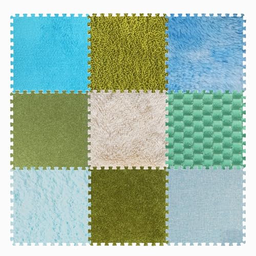 KUANGGE 9 Stück ineinander greifende Plüsch-Teppichfliesen aus Schaumstoff, 30,5 x 30,5 cm, rutschfeste, weiche, Flauschige, strukturierte sensorische Bodenmatten, waschbares DIY-Puzzle-Sensorikkiss