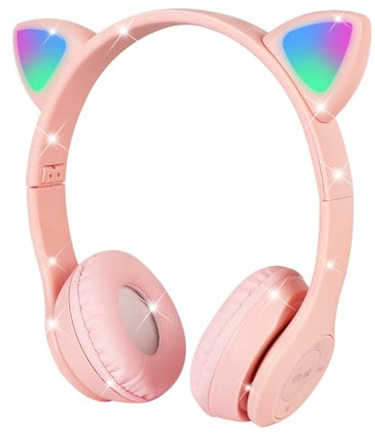 AXFEE Cuffie Bluetooth per Bambini, LED Cuffie Cablate/Wireless con Orecchio di Gatto, Pieghevole Audio Stereo HD Over-Ear Cuffie per Studiare/Viaggiare, 84dB Volume Limited, Bluetooth 5.0 Version