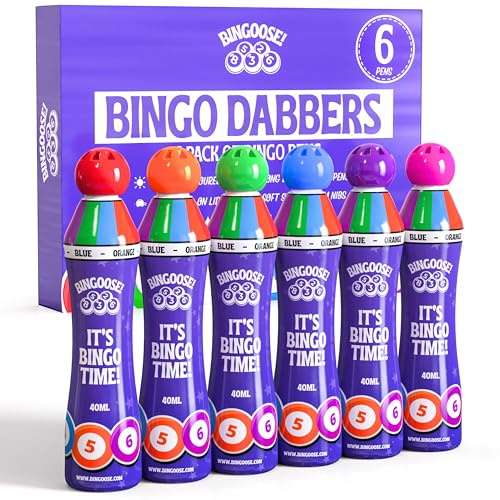 Bingo dabbers paket med 6 för prickande spelnattnummer i böcker, kort, flygblad eller biljetter. Färgglada Twister prickmarkörer för familjespel. 43 ml svampspets bingopennor. Great Nan Gifts Dabber