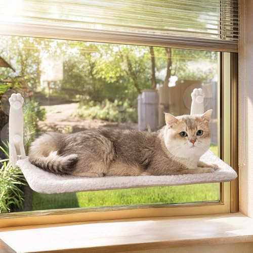 MEWOOFUN Hamaca Plegable para Ventana para Gatos, Cama Plegable para Ventana con Alfombrilla Reversible, Hamaca Estable para Gatos Que soporta hasta 18 kg (Beige, M)
