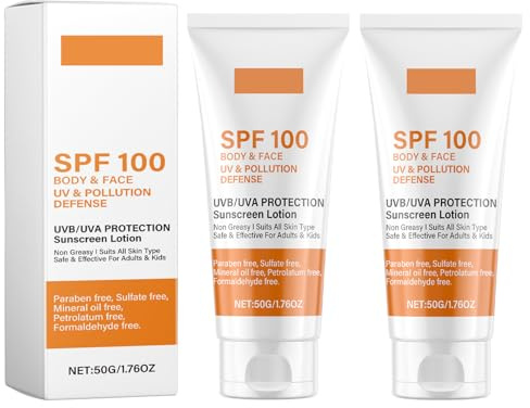 Lotion Solaire SPF 100, 2Pack – Crème Solaire Visage et Corps Haute Protection, Résistante à l'Eau – Soin Blanc Intense pour une Peau Éclatante – Texture Légère Non Grasse – Idéale pour le Blanchiment