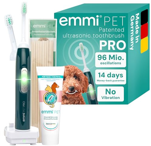 emmi-pet PRO ultrasonic Toothbrush for Dogs - Noiseless Dog & cat Toothbrush Without scrubbing with 96 Million Vibrations, 12-Day Battery Life - Reduces Plaque & Helps Prevent Tartar