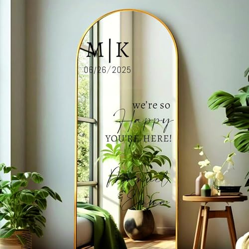HERSTL Sticker Fenêtre Miroir Design Personnalisable Noms, Plaque De Bienvenue, Plaque Miroir De Bienvenue for Mariage, Noms Personnalisés Et Date, Autocollant Amovible en Vinyle, Monogramme(41X57cm)