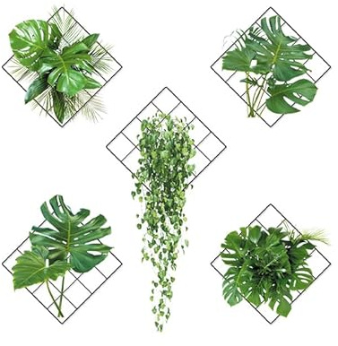 Kibi Lot de 5 Stickers muraux décoratifs avec plantes artificielles, monstera et lierre, décoration murale verte pour salon, chambre, salle de bain, cuisine