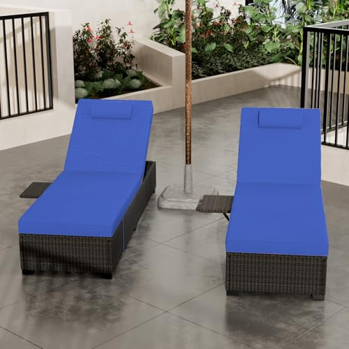 MilleLoom Outdoor Chaise Lounge Chairs for Outside Patio Furniture Set of 2 Wicker Recliner Brown Rattan Reclining Pool Sunbathing Chair Adjustable Backrest Lounger with Blue Cushion