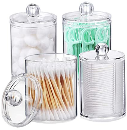 Distributore di supporto da 4 pacchetti per batuffolo di cotone, tampone di cotone, cuscinetti rotondi, filo interdentale - barattolo di spothecary in plastica trasparente da 10 once per l'organizzaz