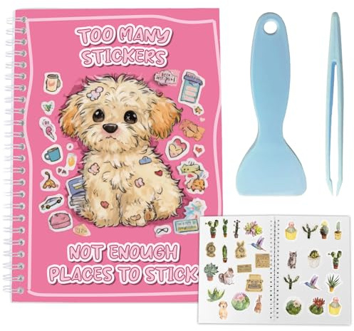 CRASPIRE Álbum de Pegatinas Reutilizable Tamaño A5 40 Hojas Organizador de Pegatinas para Perros Y Cachorros para Adultos con Pinzas Y Raspador de 83 x 58,(6) cm