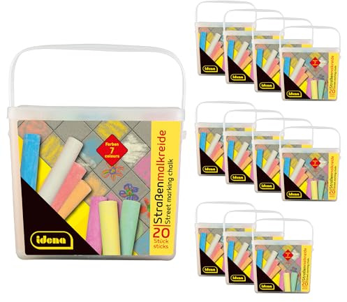 Idena 90442 - Gesso Stradale in Secchiello con Manico, 12 scatole con 20 Bastoncini ciascuna in 7 Colori, Gesso Stradale per dipingere Asfalto, pavimentazione o Cemento