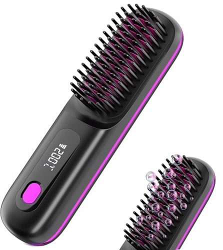 Cordless Hair Straightener Brush, USB Rechargeable Straightening Brush with 3 Heat Settings, Portable Heated Comb for All Hair Types & Beards, Travel Friendly, Auto Shut-Off