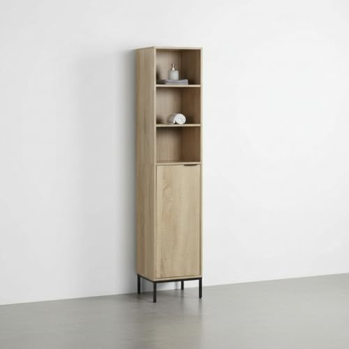 INDE MOBLEKIT | Estantería de Baño 5 Niveles 30×30×160 cm, Mueble de Madera y Metal con Compartimentos Abiertos y Puerta Inferior, Columna Auxiliar para Toallas, Cosmética y Almacenaje en Baño