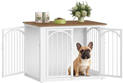 Fobyfurny Jaula para Perros, 80cm Jaula Mueble para Perro con 4 Puertas, Casa Madera Perro, Mesa Auxiliar, Casa Interior Perros, Perros Pequeños y Medianos, 80 x 60 x 63 cm, Marrón y Bianco