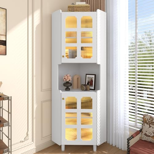 HMHKHN Credenza, libreria, armadietto ad angolo con strato di vernice e illuminazione a LED, pannello MDF, per studio, soggiorno, sala da pranzo, 154 × 63,5 × 157,5 cm (bianco)