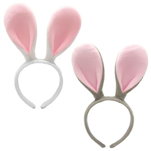Tomedeks 2 Piezas Accesorios de Disfraz de Conejito Cosplay Diadema de Felpa de Orejas de Conejo de Conejo para Niños Adultos Favor Fiesta Pascua o Decoración, Gris + Blanco