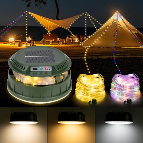 BlueYu Camping Lichterkette Aufrollbar 10m 140LED, Solar/Type-C aufladbar, 13 Beleuchtungsmodi & 4400mAh Akku, für Camping & Party. (grün)
