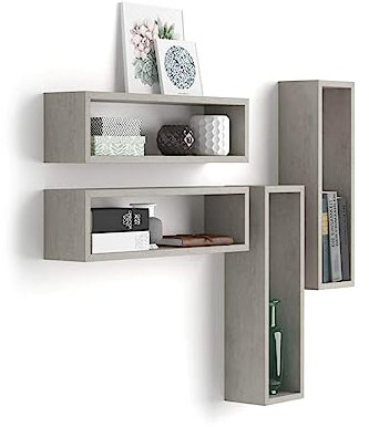 Mobili Fiver, Set di 4 Cubi da parete Iacopo, Grigio Cemento, Nobilitato, Mensolo a Cubo da Parete Cucina e soggiorno, Made in Italy